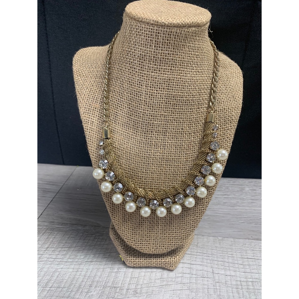 Gold Tone Faux Pearl and Crystal Mesh Bib Necklace 18 Inch Adjustable‎ Statement
